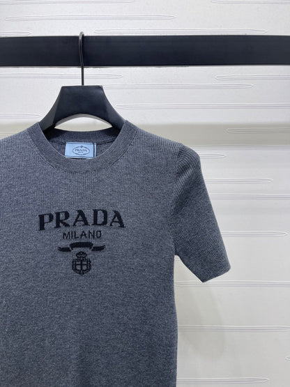 Prada Round Neck Knit Short-Sleeve Top Slate Gray Wool 351042