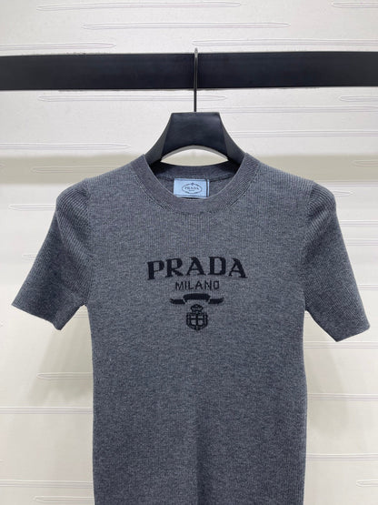 Prada Round Neck Knit Short-Sleeve Top Slate Gray Wool 351042