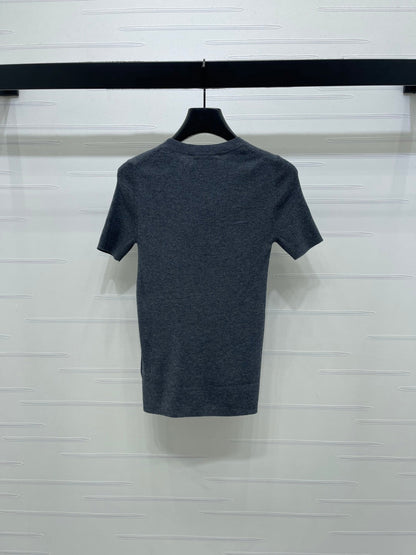 Prada Round Neck Knit Short-Sleeve Top Slate Gray Wool 351042