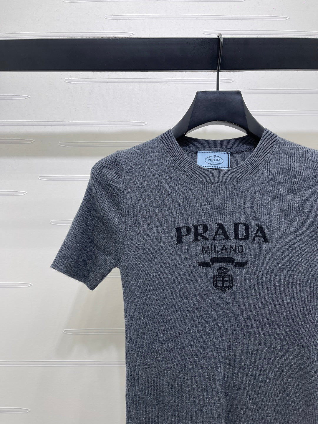 Prada Round Neck Knit Short-Sleeve Top Slate Gray Wool 351042