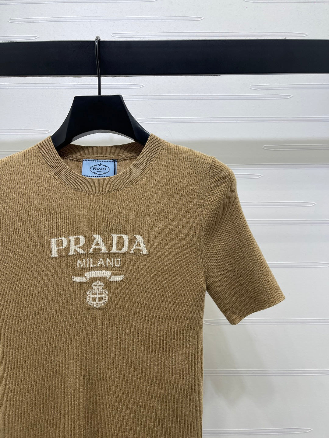Prada Round Neck Knit Short-Sleeve Top Camel Wool 351040