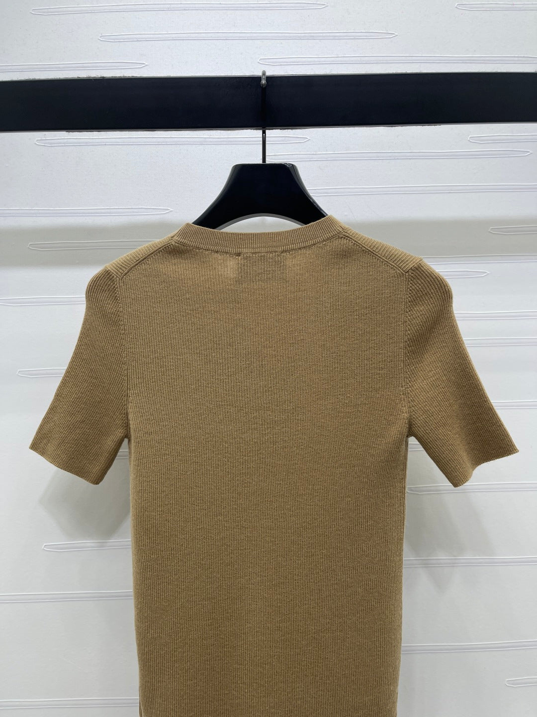 Prada Round Neck Knit Short-Sleeve Top Camel Wool 351040