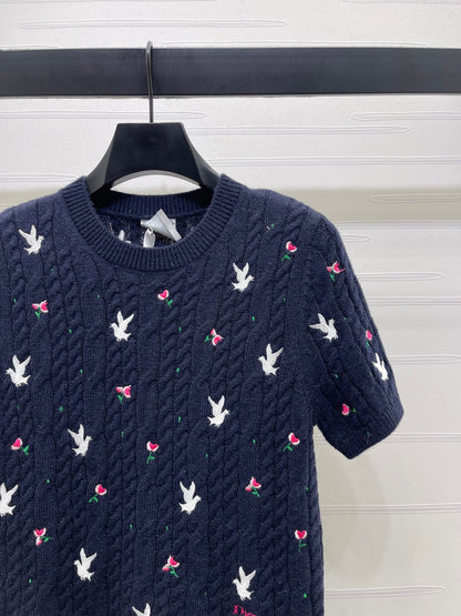 CD SS26 Embroidered Cable-Knit Sweater Bird Rose Navy Blue Cashmere 351087