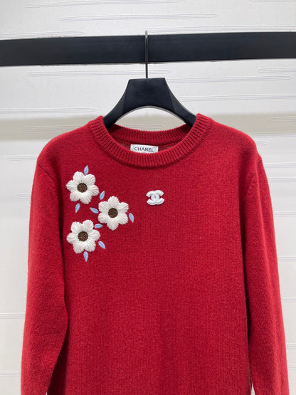 Chanel Floral Patterns Red Sweater Embroidered 340997