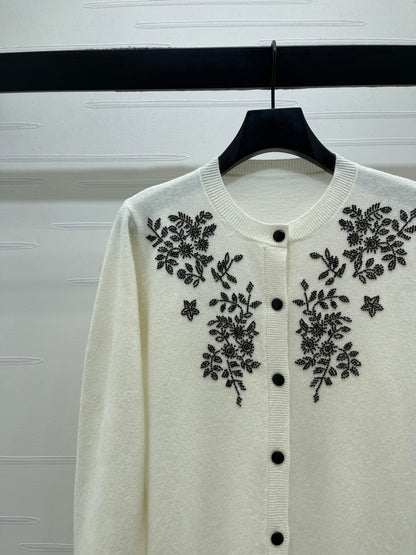 CD SS26 Beaded Floral Cardigan Ivory Wool 351064