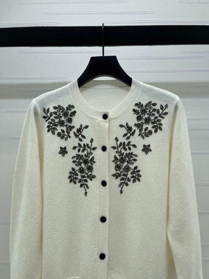 CD SS26 Beaded Floral Cardigan Ivory Wool 351064