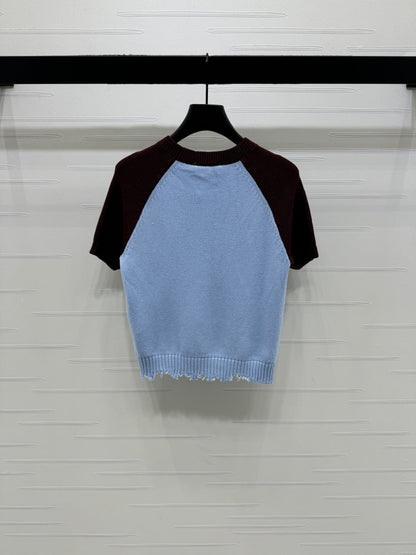 CC Short Sleeve Knitted Sweater Light Blue Burgundy Cashmere Wool 351024