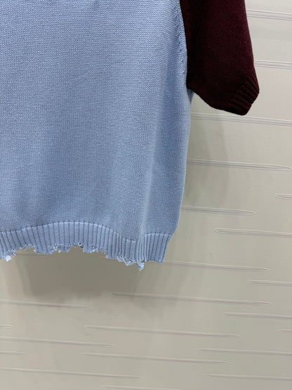 CC Short Sleeve Knitted Sweater Light Blue Burgundy Cashmere Wool 351024