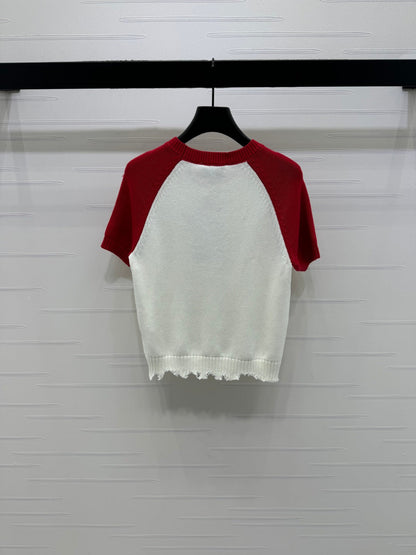 CC Short Sleeve Knitted Sweater White Red Cashmere Wool 351023