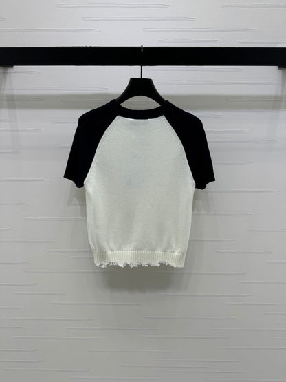 CC Short Sleeve Knitted Sweater White Black Cashmere Wool 351022
