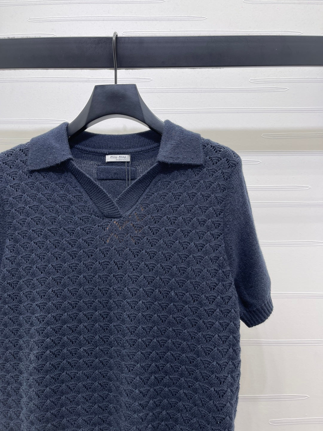 Miu Polo Half-Open Short-Sleeved Top Navy Blue Knit 343436