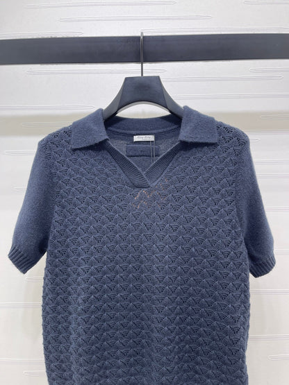 Miu Polo Half-Open Short-Sleeved Top Navy Blue Knit 343436