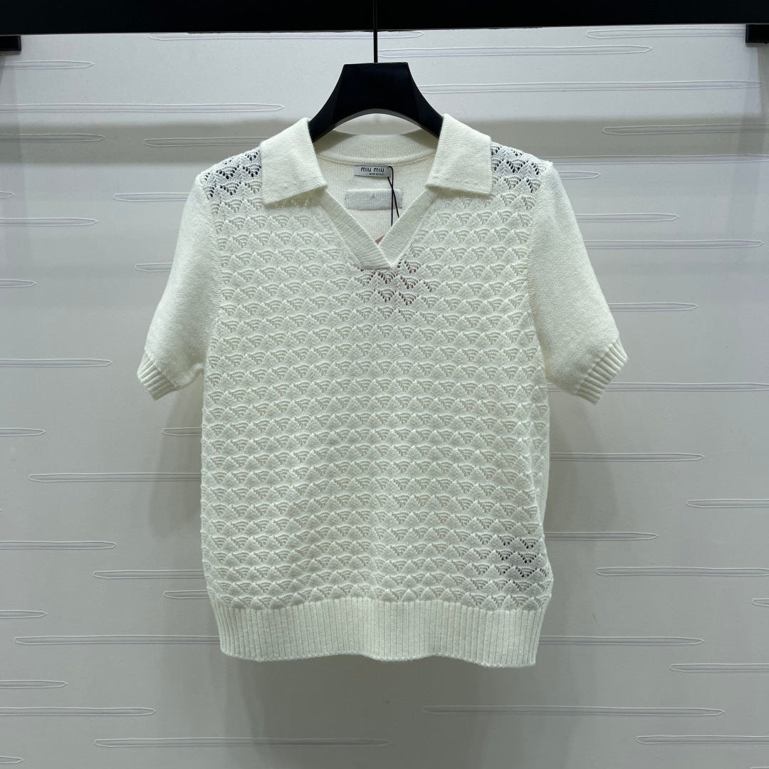 Miu Polo Half-Open Short-Sleeved Top Ivory Knit 343437