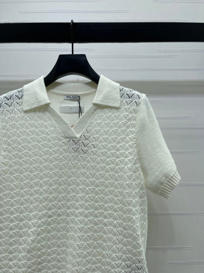 Miu Polo Half-Open Short-Sleeved Top Ivory Knit 343437