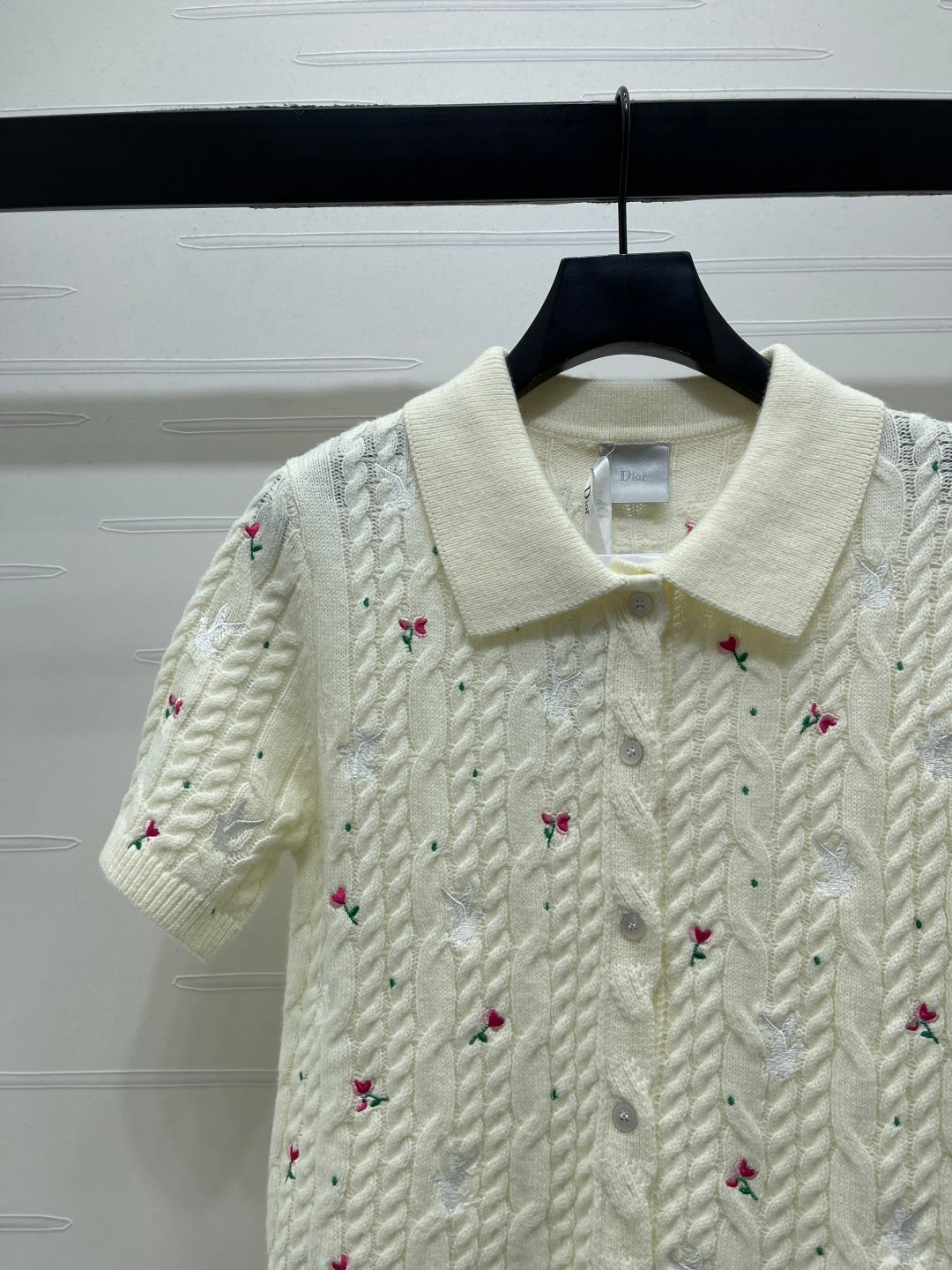 CD SS26 Embroidered Knit Polo Shirt Bird Rose Ivory Cashmere 351082