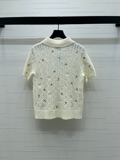 CD SS26 Embroidered Knit Polo Shirt Bird Rose Ivory Cashmere 351082