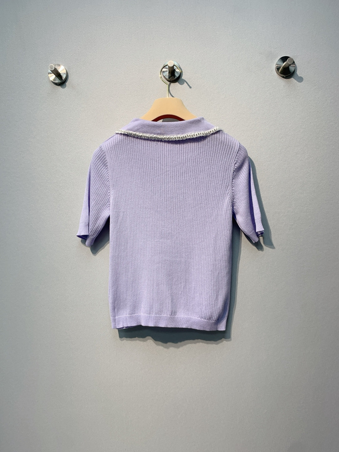 Miu SS26 Knitted Collared Lace Beaded Logo Top Lavender Cotton Silk 350903
