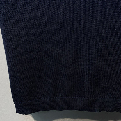 Miu SS26 Knitted Collared Lace Beaded Logo Top Dark Blue Cotton Silk 350905