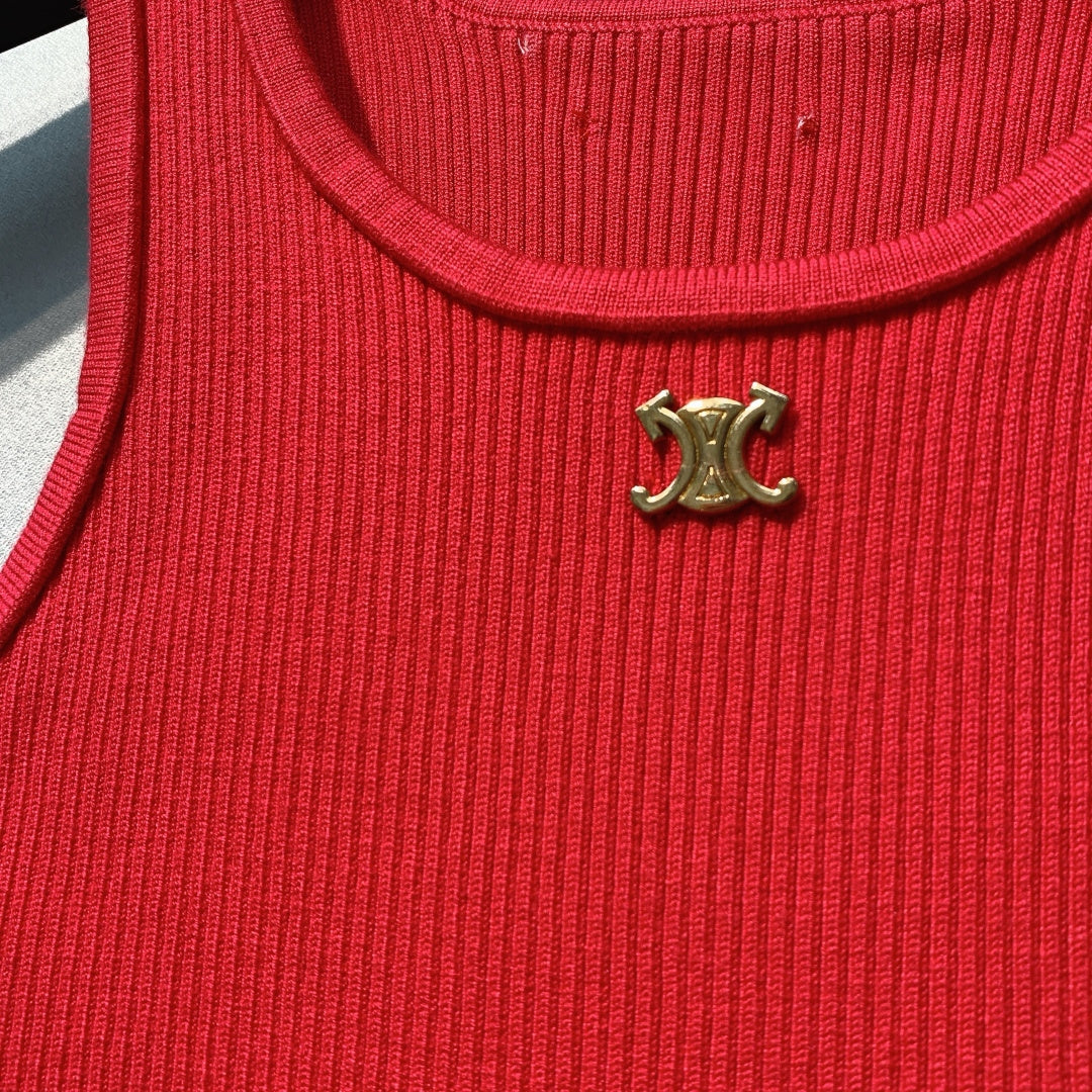 Celine SS26 Ribbed Logo Striped Tank Top Red Wool 350954