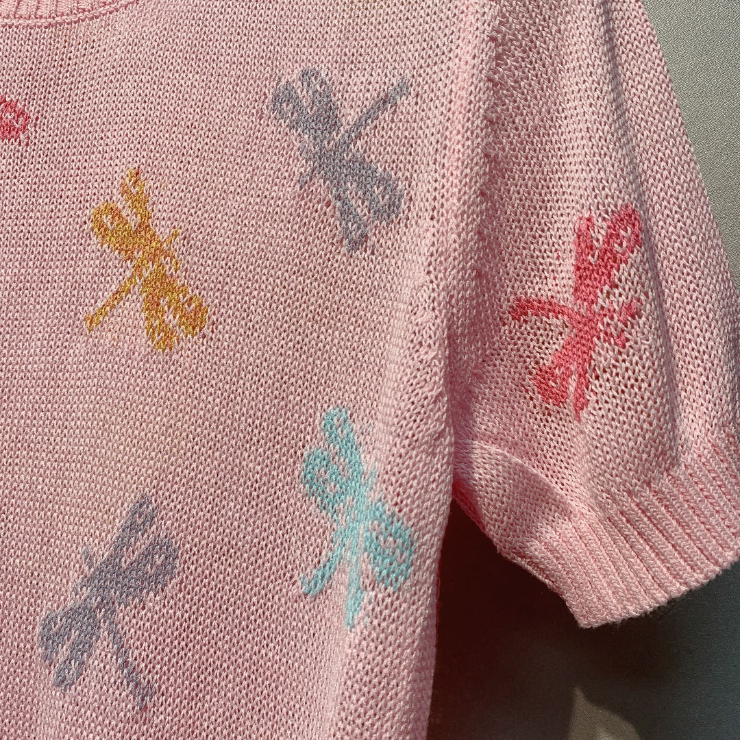 CD SS26 Dragonfly Embroidered Knit Top Light Pink Cotton 350911