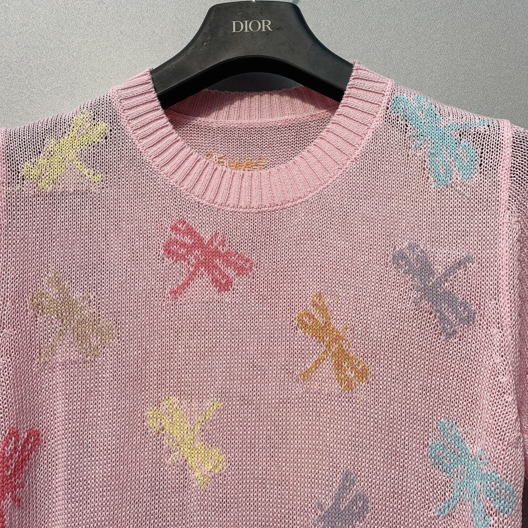 CD SS26 Dragonfly Embroidered Knit Top Light Pink Cotton 350911