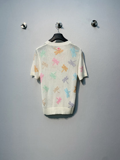 CD SS26 Dragonfly Embroidered Knit Top Ivory Cotton 350912