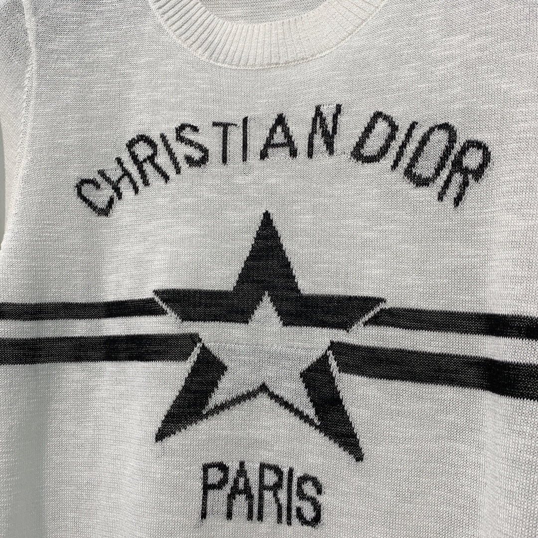 CD SS26 Signature and Star Short-Sleeved Sweater White Wool 350914