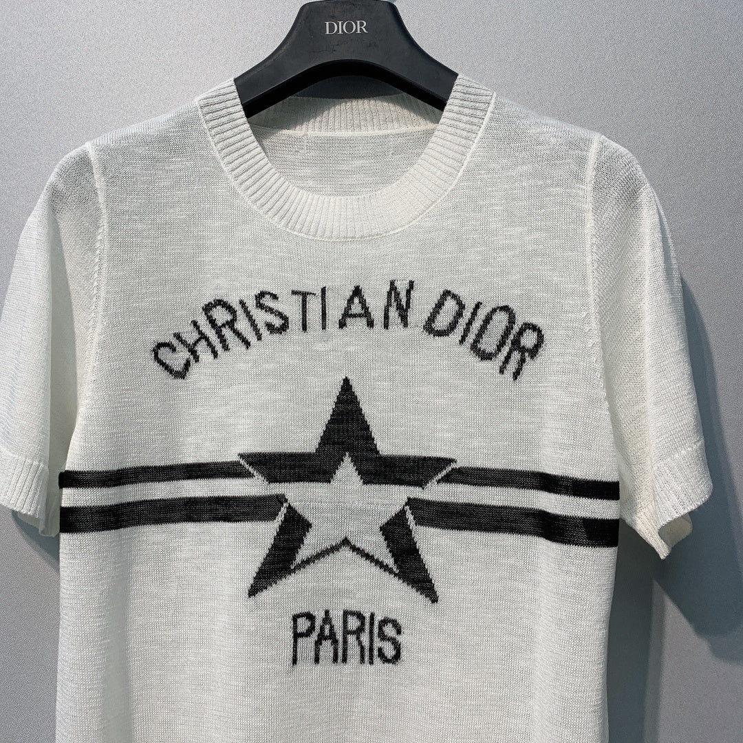 CD SS26 Signature and Star Short-Sleeved Sweater White Wool 350914