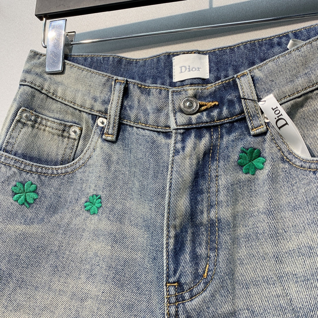 CD Clover Embroidered Shorts Jeans Blue Stonewashed Cotton 350922