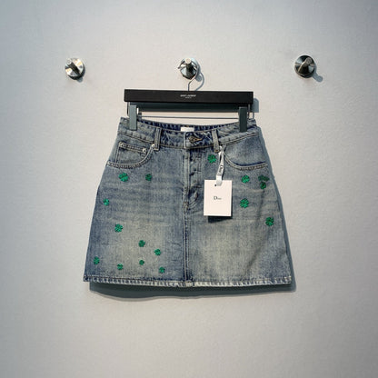 CD Clover Embroidered Mini Skirt Blue Stonewashed Cotton 350924