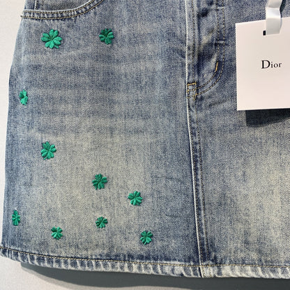 CD Clover Embroidered Mini Skirt Blue Stonewashed Cotton 350924
