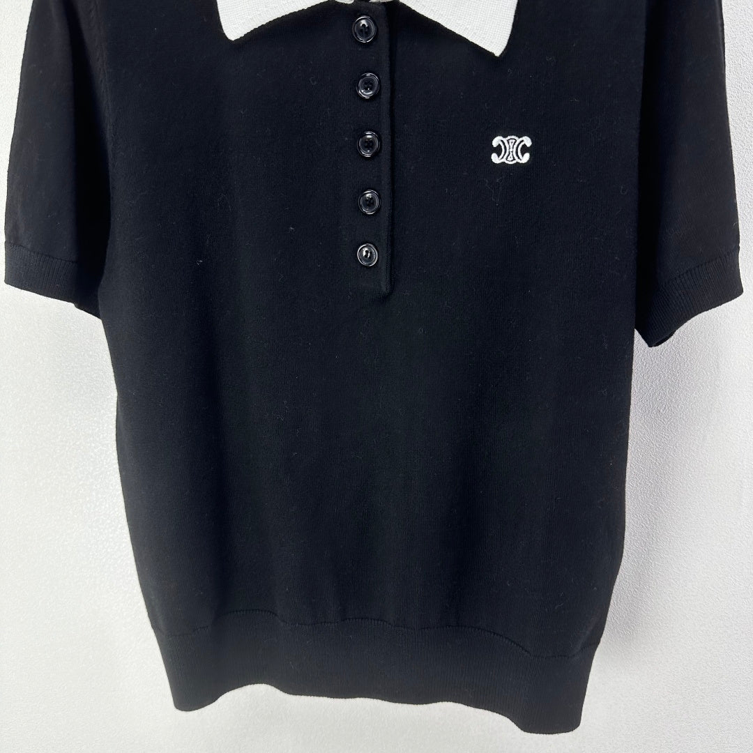 Celine Short-sleeved Polo Shirt Black Cashmere Wool 349073
