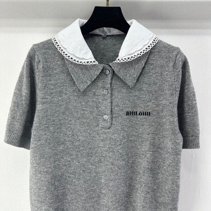 Miumiu 2026 Short-sleeved T-shirt Smoky Gray Cashmere 349057