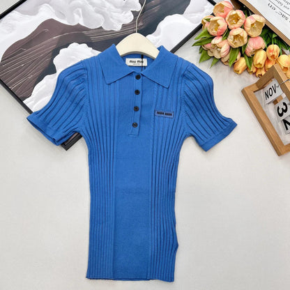 Miumiu 2026 Collared Logo Short-Sleeve Knit Top Blue Cotton
