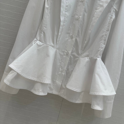 LV 25 Pleated Waist Round Neck Shirt White Cotton