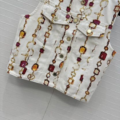 LV 25 Classic Elements Colorful Gemstone Necklace Vest White Cotton
