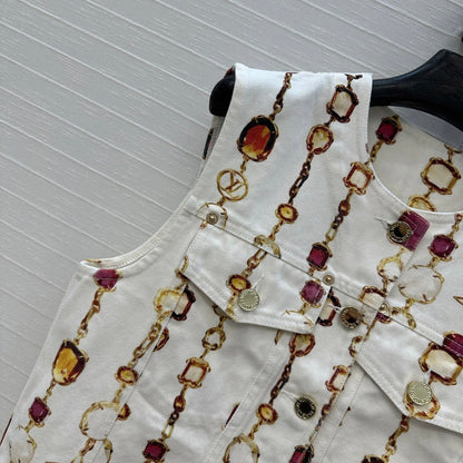 LV 25 Classic Elements Colorful Gemstone Necklace Vest White Cotton