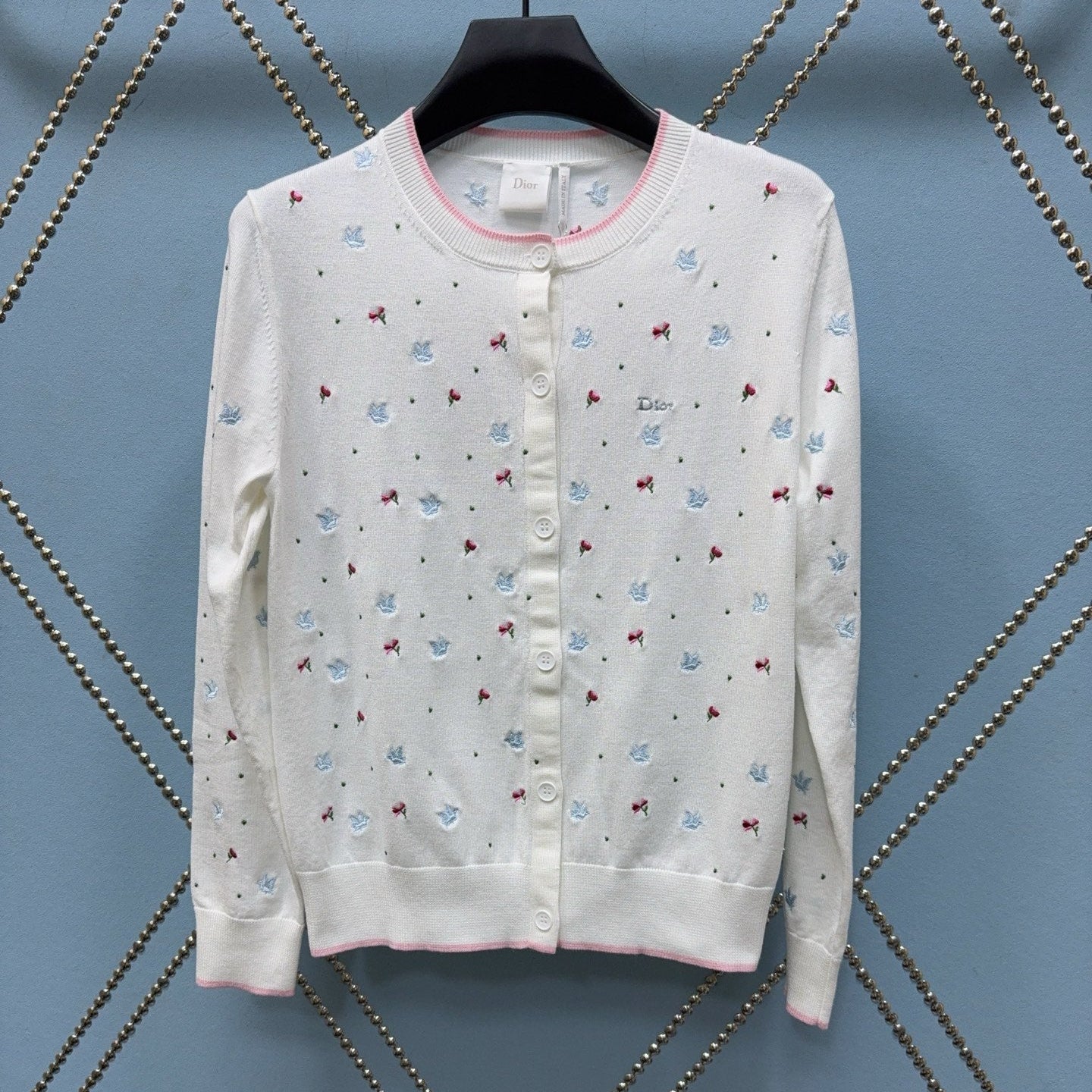 CD SS26 Cardigan Multicolor Doves Roses Ecru Motif Wool 351360