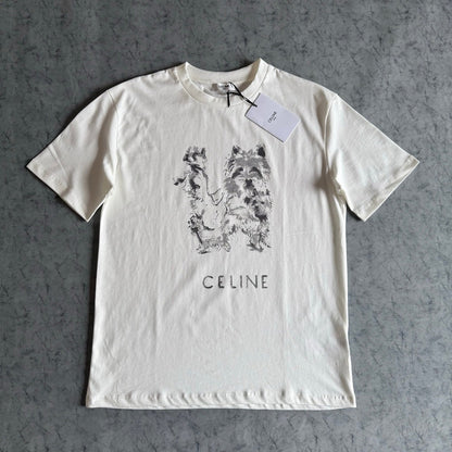 Celine SS26 Unisex Puppy Print Short-Sleeve Tee White Cotton 350474