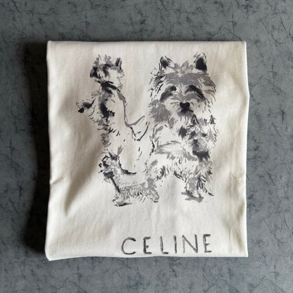 Celine SS26 Unisex Puppy Print Short-Sleeve Tee White Cotton 350474
