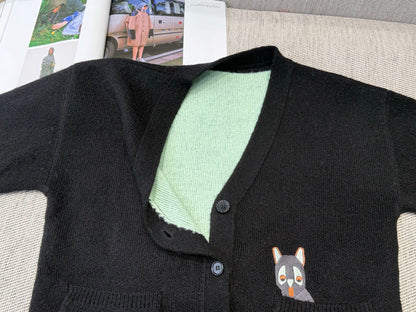 Loewe 2025 V-Neck Button-Up Cardigan Black Mix Colors Wool 331646
