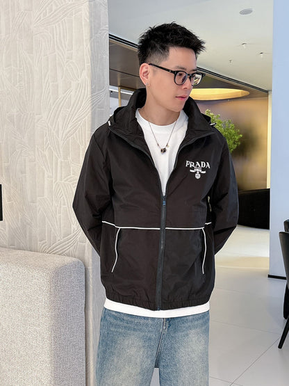 Prada Men’s Windbreaker Jacket Black Nylon Fabric