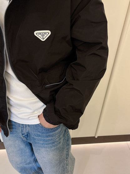 Prada Men’s Logo-Plaque Hooded Windbreaker Black Nylon