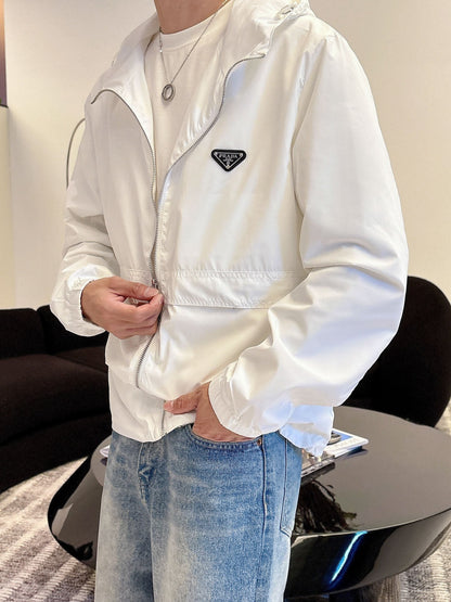 Prada Men’s Logo-Plaque Hooded Windbreaker White Nylon