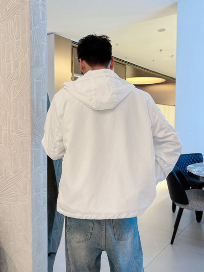 Prada Men’s Logo-Plaque Hooded Windbreaker White Nylon