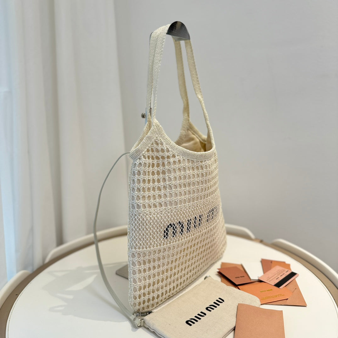 Miu Miu Shoulder Bag 34cm White Raffia Canvas