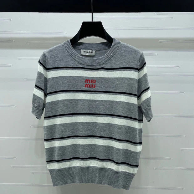 Miumiu 2026 Crew Neck Striped Short-sleeved Knit Top Gray Cotton 352436