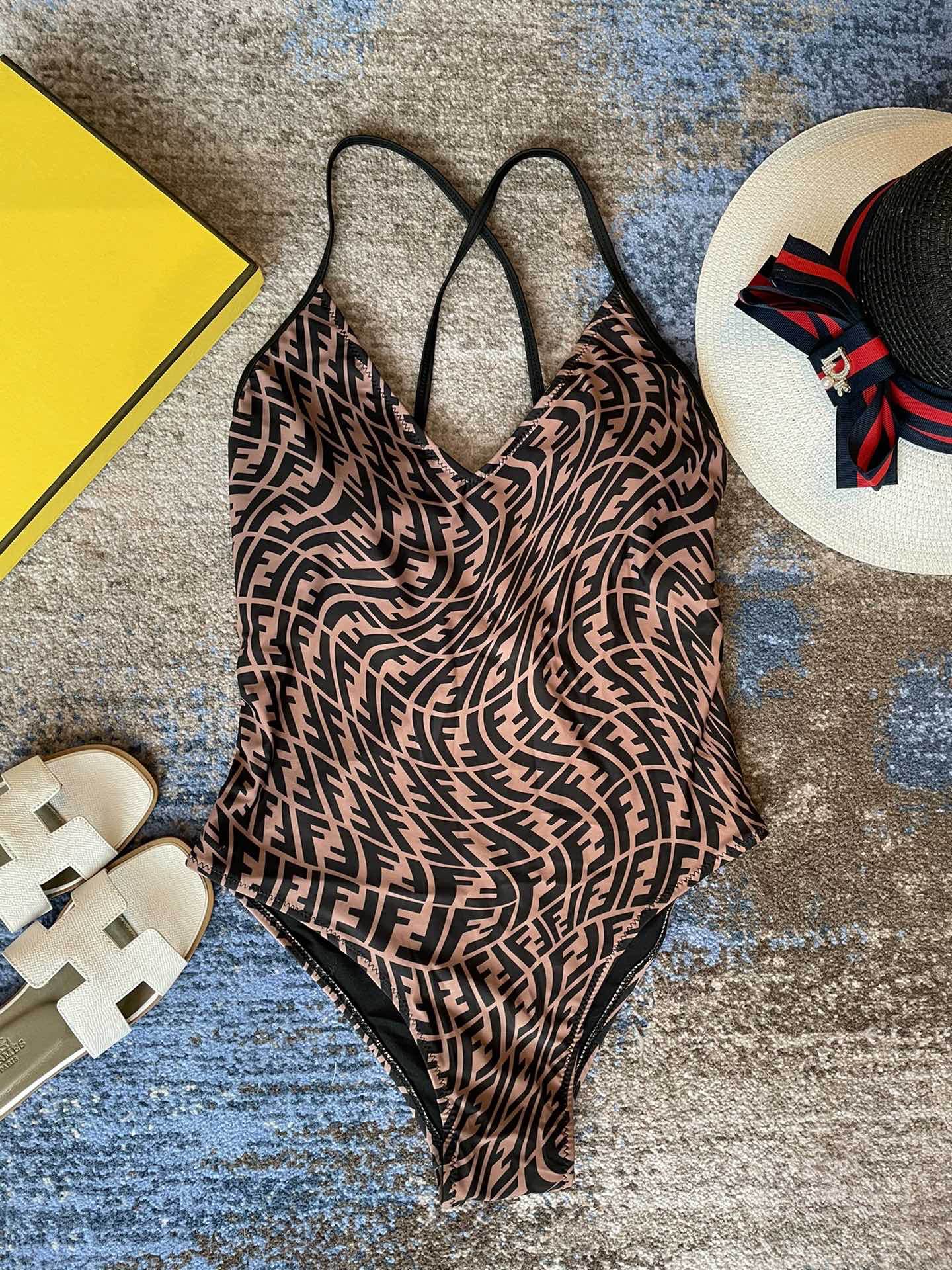 Fendi Swimsuits Black Beige Cotton 180525