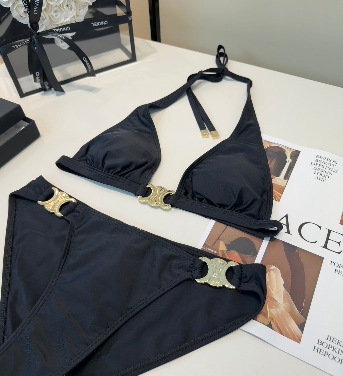 Celine Triangle Swimsuits Black Polyamide 180547