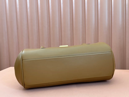 BEAU TOP HANDLE BAG 28 IN CHOCOLATE BROWN GLOSSY CALFSKIN GOLD HARDWARE